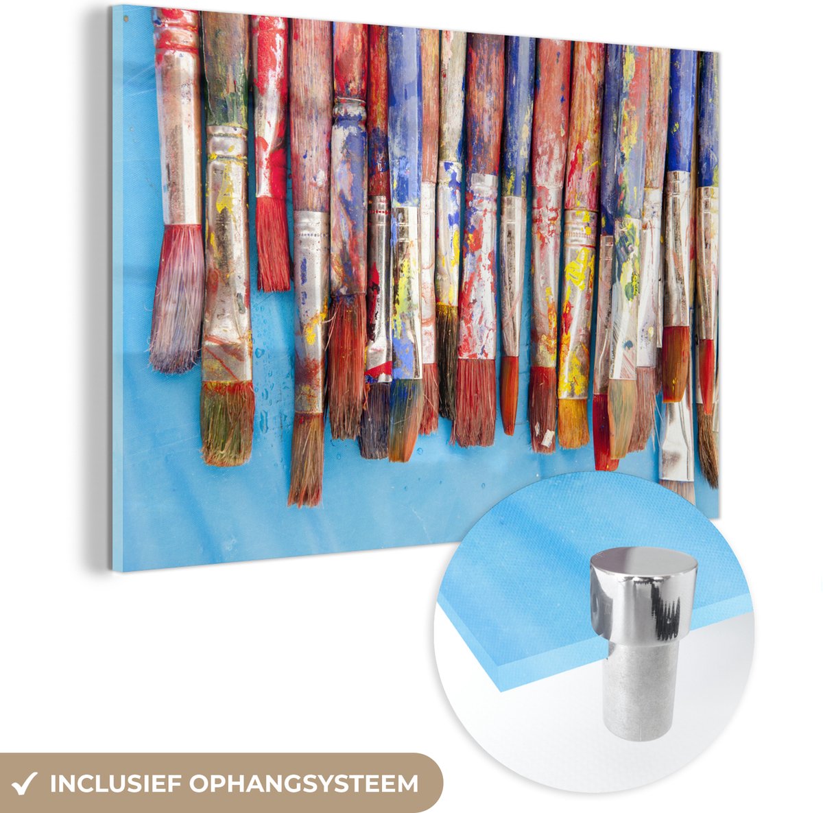 ® Glasschilderij 150x100 cm - Schilderij acrylglas - Ongewassen kwasten op blauwe ondergrond - Foto op glas - Muurdecoratie woonkamer - Wanddecoratie slaapkamer - Schilderijen