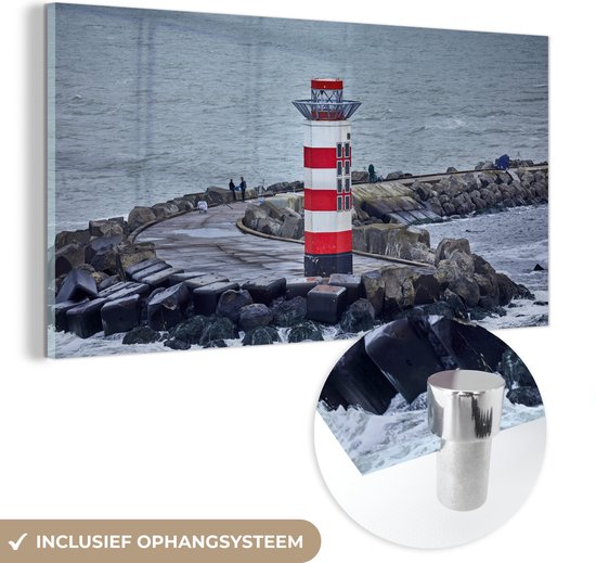 MuchoWow® Glasschilderij 160x80 cm - Schilderij acrylglas - Vuurtoren bij het Noordzeekanaal - Foto op glas - Schilderijen