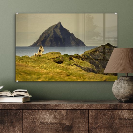 MuchoWow® Glasschilderij 60x40 cm - Schilderij acrylglas - Schapen aan de kust van Ierland - Foto op glas - Schilderijen