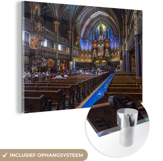 MuchoWow® Glasschilderij 120x80 cm - Schilderij acrylglas - Het interieur van binnen van de Notre Dame in Parijs - Foto op glas - Schilderijen