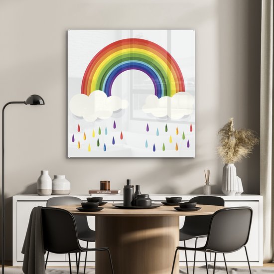 Peinture sur verre - un arc-en-ciel avec des nuages et des gouttes d'arc-en-ciel - 90x90 cm - Peintures sur Verre Peintures - Photo sur Glas