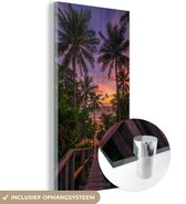 MuchoWow® Glasschilderij 40x80 cm - Schilderij acrylglas - Zonsondergang - Palmbomen - Strand - Foto op glas - Schilderijen
