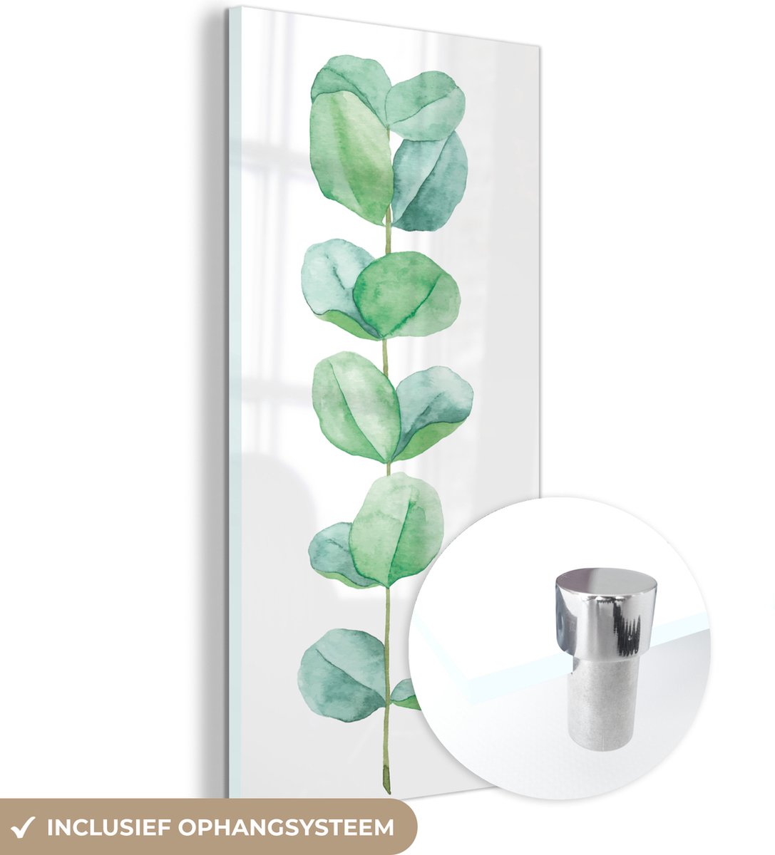 ® Glasschilderij 60x120 cm - Schilderij acrylglas - Waterverf - Eucalyptus - Plant - Foto op glas - Muurdecoratie woonkamer - Wanddecoratie slaapkamer - Schilderijen