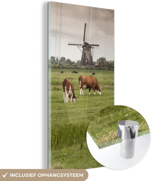 MuchoWow® Glasschilderij 20x40 cm - Schilderij acrylglas - Koeien in het gras met windmolens in Amsterdam - Foto op glas - Schilderijen