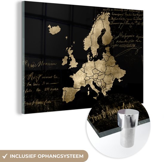 MuchoWow® Glasschilderij 180x120 cm - Schilderij acrylglas - Kaart Europa - Goud - Tekst - Foto op glas - Schilderijen