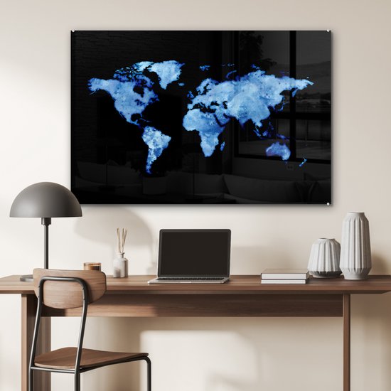 Peinture sur Verre - Carte du Wereldkaart - Aquarelle - Bleu Clair - 90x60 cm - Peintures sur Verre Peintures - Photo sur Glas