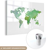 MuchoWow® Glasschilderij 180x120 cm - Schilderij acrylglas - Wereldkaart - Aquarel - Groen - Foto op glas - Schilderijen