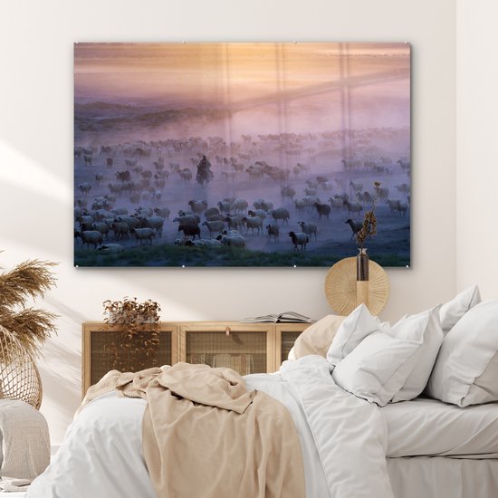 Peinture sur verre - Herder sur un chevalet entre troupeau de moutons dans le brouillard - 180x120 cm - Peintures sur Verre Peintures - Photo sur Glas