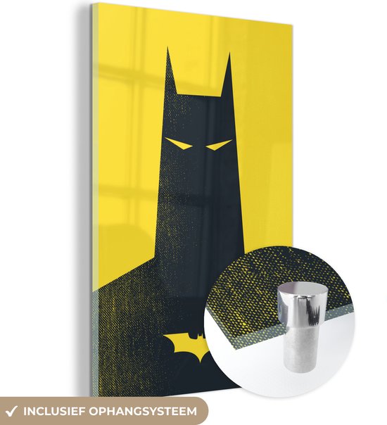 MuchoWow® Glasschilderij 80x120 cm - Schilderij acrylglas - Batman illustratie met een gele achtergrond - Foto op glas - Schilderijen