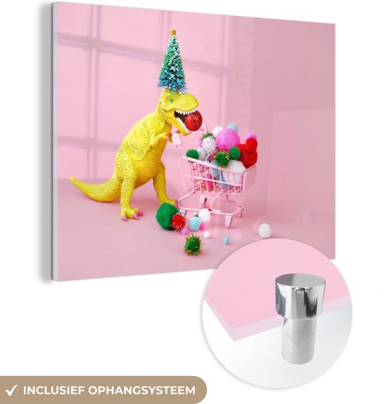 Glasschilderij - Speelgoed dinosaurus met een winkelwagen - Acrylglas Schilderijen - Foto op Glas