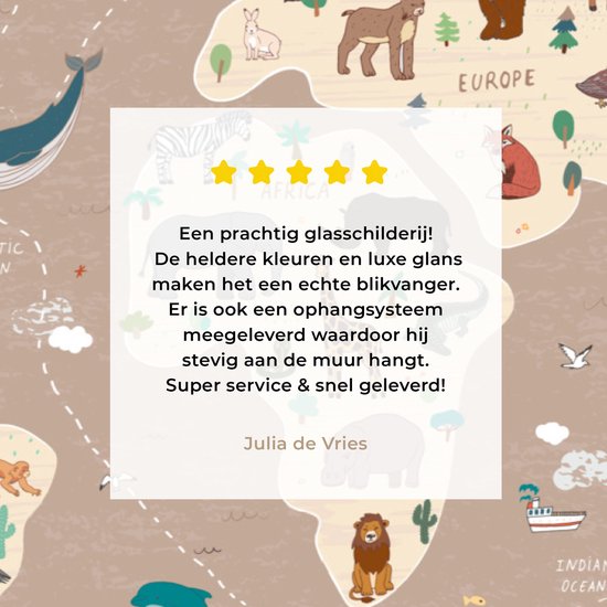 Peinture sur Verre - Carte du Wereldkaart pour Enfants - Terre - Animaux - 120x80 cm - Peintures sur Verre Peintures - Photo sur Glas
