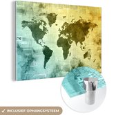 MuchoWow® Glasschilderij 120x80 cm - Schilderij acrylglas - Wereldkaart - Blauw - Geel - Foto op glas - Schilderijen