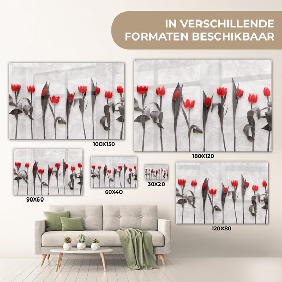 MuchoWow® Glasschilderij 150x100 cm - Schilderij acrylglas - Bloemen - Tulpen - Marmer - Foto op glas - Schilderijen