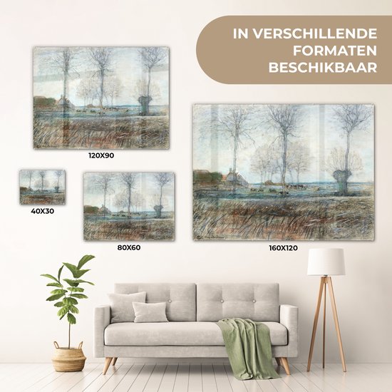 MuchoWow® Peinture sur verre 120x90 cm - Peinture sur verre acrylique - Ferme avec trois grands arbres au premier plan - Piet Mondrian - Photo sur verre - Peintures