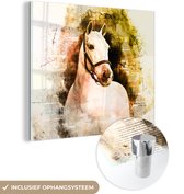 MuchoWow® Glasschilderij 50x50 cm - Schilderij acrylglas - Paard - Geel - Krant - Meisjes - Kinderen - Meiden - Foto op glas - Schilderijen