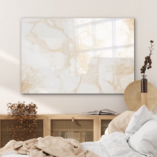 MuchoWow® Glasschilderij 90x60 cm - Schilderij acrylglas - Marmer - Wit - Goud - Luxe - Foto op glas - Schilderijen