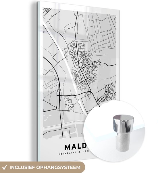 MuchoWow® Peinture sur Verre - Malden - Carte - Carte de la Ville - Carte - Nederland - Zwart Wit - 80x120 cm - Peintures sur Verre Acrylique - Photo sur Glas