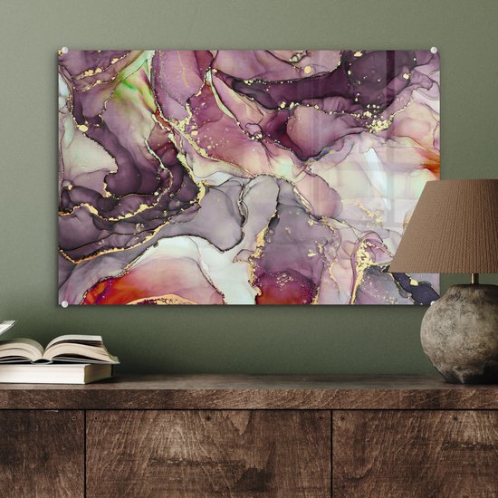 MuchoWow® Peinture sur Verre - Marbre - Rouge - Violet - Or - 60x40 cm - Peintures sur Verre Acrylique - Photo sur Glas