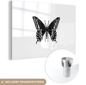 MuchoWow® Glasschilderij 60x40 cm - Schilderij acrylglas - Vlinder - Dieren - Retro - Zwart wit - Foto op glas - Schilderijen