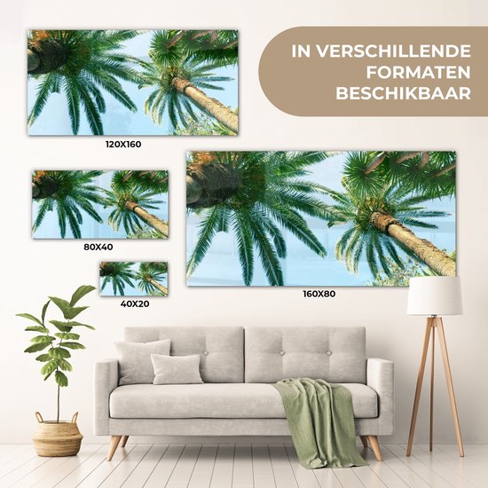 MuchoWow® Glasschilderij 80x40 cm - Schilderij acrylglas - Palmbladeren - Lucht - Zomer - Tropisch - Foto op glas - Schilderijen