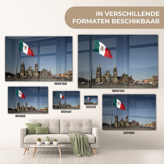 Cathédrale de Mexico et le drapeau mexicain Plexiglas 120x80 cm - Tirage photo sur Glas (décoration murale en plexiglas)