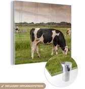 MuchoWow® Glasschilderij 90x90 cm - Schilderij acrylglas - Koeien - Molen - Nederland - Foto op glas - Schilderijen