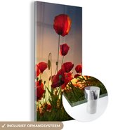 MuchoWow® Glasschilderij 40x80 cm - Schilderij acrylglas - Kleurrijke lucht boven een veld Klaprozen in Denemarken - Foto op glas - Schilderijen
