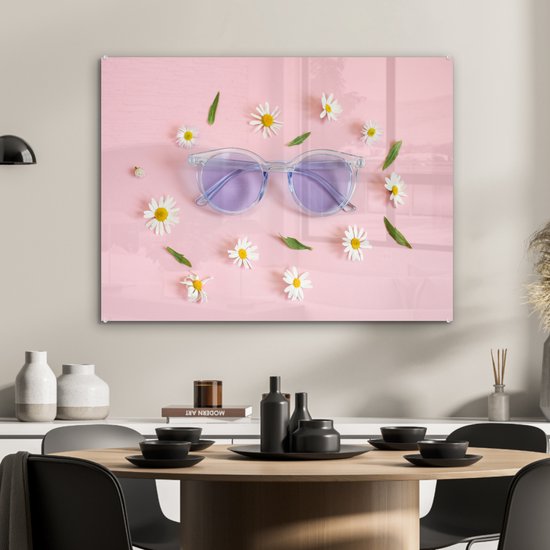 MuchoWow® Peinture sur verre 80x60 cm - Peinture sur verre acrylique - Lunettes de soleil avec marguerites - Photo sur verre - Peintures
