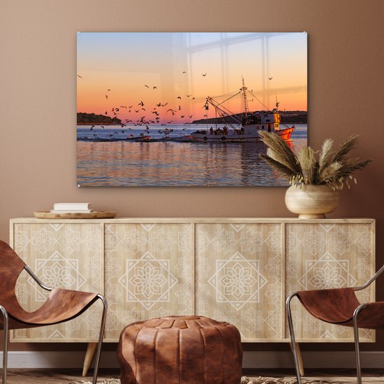 MuchoWow® Peinture sur verre 90x60 cm - Peinture acrylique sur verre - Bateau de pêche au coucher du soleil - Photo sur verre - Peintures