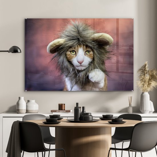 MuchoWow® Peinture sur Verre - Chat - Costume - Lion - 120x80 cm - Peintures sur Verre Acrylique - Photo sur Glas