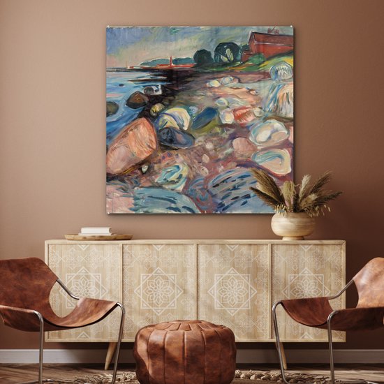 MuchoWow® Peinture sur verre 90x90 cm - Peinture sur verre acrylique - Banque avec maison rouge - Edvard Munch - Photo sur verre - Peintures