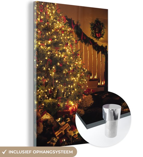 Glasschilderij - Verlichte kerstboom met cadeaus - Plexiglas Schilderijen