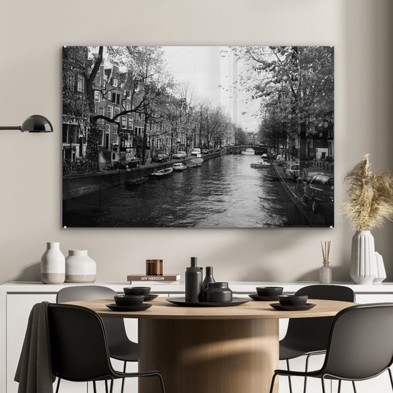 Peinture sur Verre - Canal d'Amsterdam - Zwart - Wit - 120x80 cm - Peintures sur Verre Peintures - Photo sur Glas