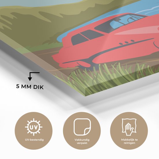 MuchoWow® Peinture sur verre 160x120 cm - Peinture sur verre acrylique - Voiture rouge Vintage - Photo sur verre - Peintures