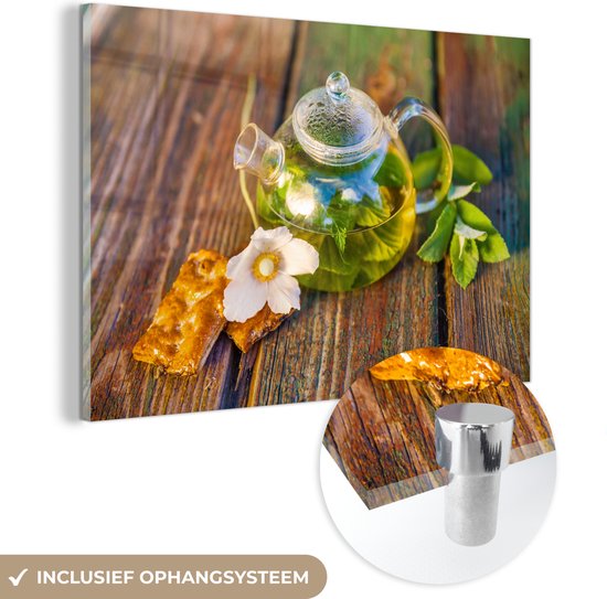 MuchoWow® Glasschilderij 90x60 cm - Schilderij acrylglas - Glazen theepot op een houten tafel - Foto op glas - Schilderijen