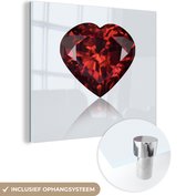 MuchoWow® Glasschilderij 90x90 cm - Schilderij acrylglas - Robijn in de vorm van een hart - Foto op glas - Schilderijen