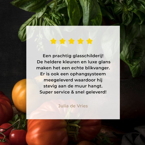 MuchoWow® Peinture sur verre 160x120 cm - Peinture sur verre acrylique - Nature morte - Tomates - Basilic - Tableau - Végétal - Zwart - Photo sur verre - Peintures