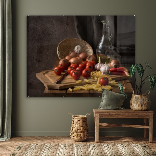 MuchoWow® Peinture sur verre 160x120 cm - Peinture sur verre acrylique - Planche à découper - Légume - Nature morte - Pâtes - Off - Tomate - Planche à découper - Photo sur verre - Peintures