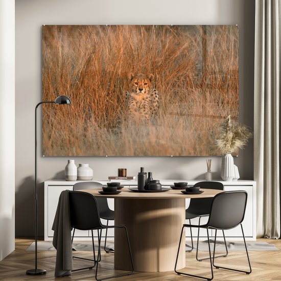MuchoWow® Peinture sur verre 150x100 cm - Peinture sur verre acrylique - Cheetah - Camouflage - Herbe - Photo sur verre - Peintures