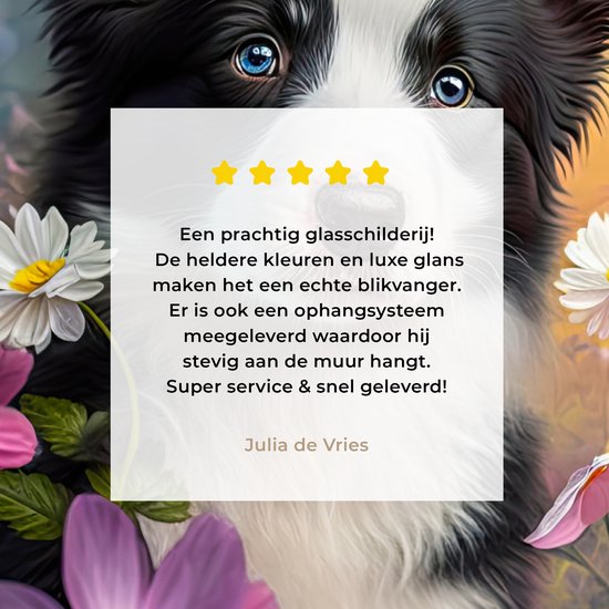 MuchoWow® Peinture sur verre 120x160 cm - Peinture sur verre acrylique - Chien - Fleurs - Nature - Puppy - Border collie - Photo sur verre - Peintures