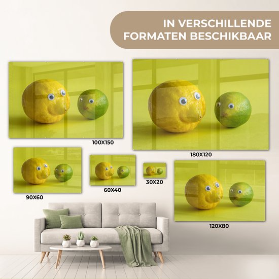Peinture sur verre MuchoWow® - Citron et citron vert aux yeux écarquillés - 150x100 cm - Peintures sur verre acrylique - Photo sur Glas