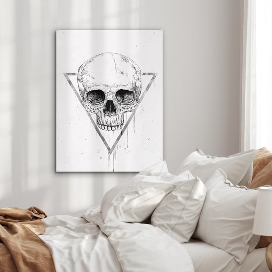 MuchoWow® Glasschilderij 60x80 cm - Schilderij acrylglas - Schedel - Driehoek - Tekening - Druppels - Doodskop - Foto op glas - Schilderijen