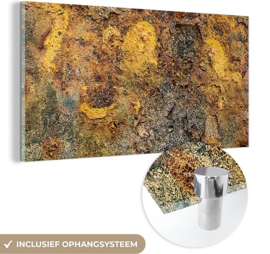 MuchoWow® Glasschilderij 120x60 cm - Schilderij acrylglas - Goud - Metaal - Roest - Grijs - Abstract - Patroon - Foto op glas - Schilderijen