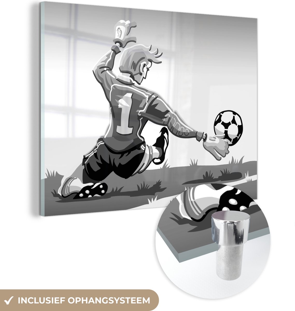 ® Glasschilderij 80x60 cm - Schilderij acrylglas - Een illustratie van een keeper die de voetbal stopt - Jongens - Meisjes - Kinderen - Foto op glas - Muurdecoratie woonkamer - Wanddecoratie slaapkamer - Schilderijen