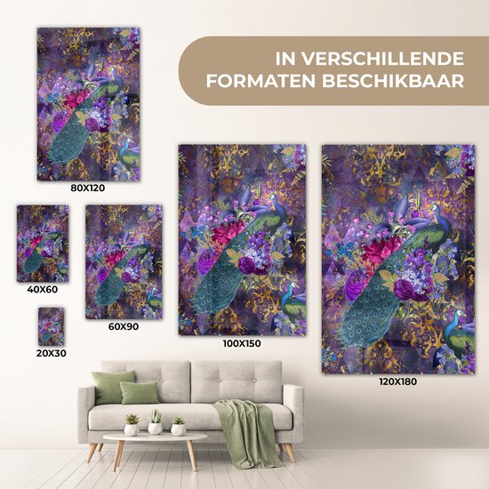 Peinture sur Verre - Motifs - Paon - Violet - Or - 60x90 cm - Peintures Plexiglas