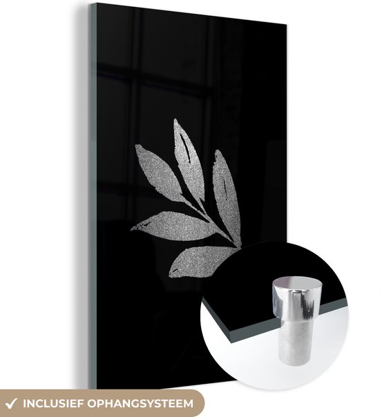 MuchoWow® Peinture sur verre 20x30 cm - Peinture sur verre acrylique - Branche à cinq feuilles sur fond noir - noir et blanc - Photo sur verre - Peintures