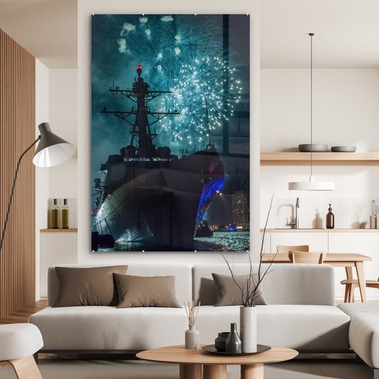 MuchoWow® Peinture sur verre 100x150 cm - Peinture sur verre acrylique - Bateau - Feux d'artifice - Ciel - Photo sur verre - Peintures