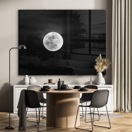 MuchoWow® Peinture sur verre 160x120 cm - Peinture sur verre acrylique - Pleine lune dans le ciel nocturne - noir et blanc - Photo sur verre - Peintures