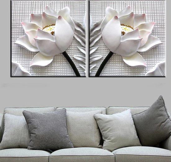 Allernieuwste .nl® SET de 2 pièces. Peinture sur Toile * Fleurs de Lotus Witte 3D * - Art sur votre Mur - 3 dimensions - Couleur - Wit - SET 60 x 60 cm
