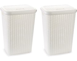 Plasticforte Wasmand met deksel - 2x stuks - 60 liter - wit - rotan - kunststof - L35 x B43 x H62 cm